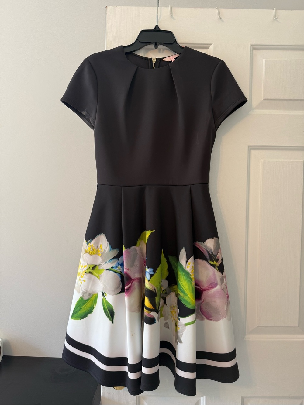Ted Baker Black Fit-and-Flare Dress with Floral Border